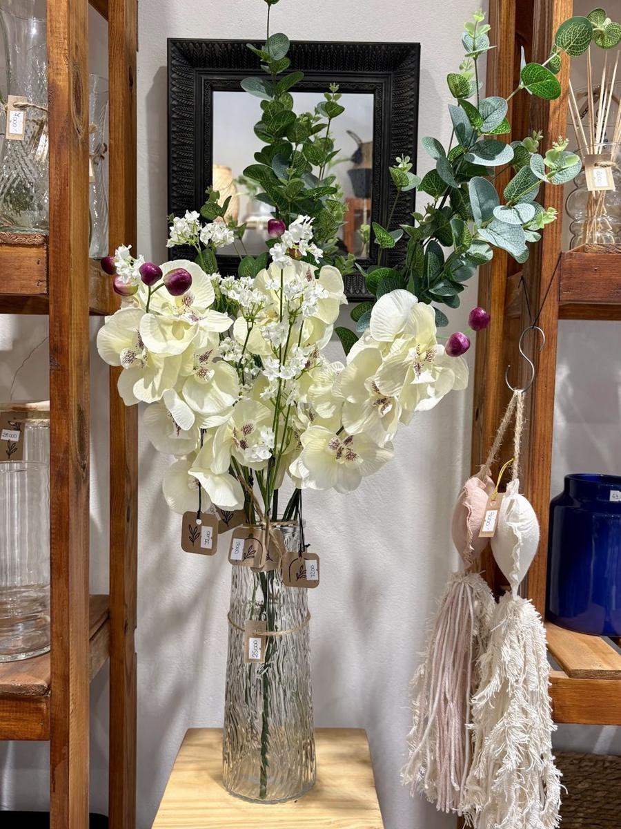 Florero con orquídeas entre estanterías
